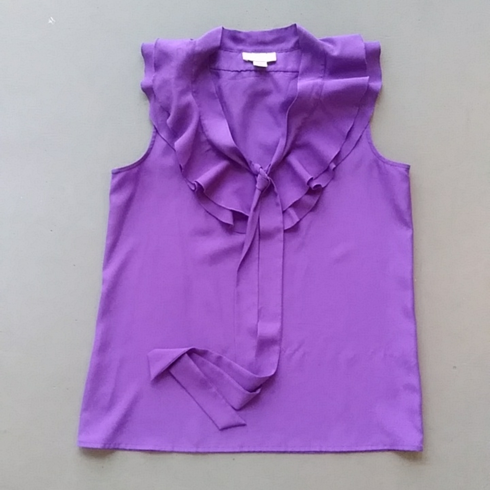Loft Purple Sleeveless Blouse with Ruffles and tie neck